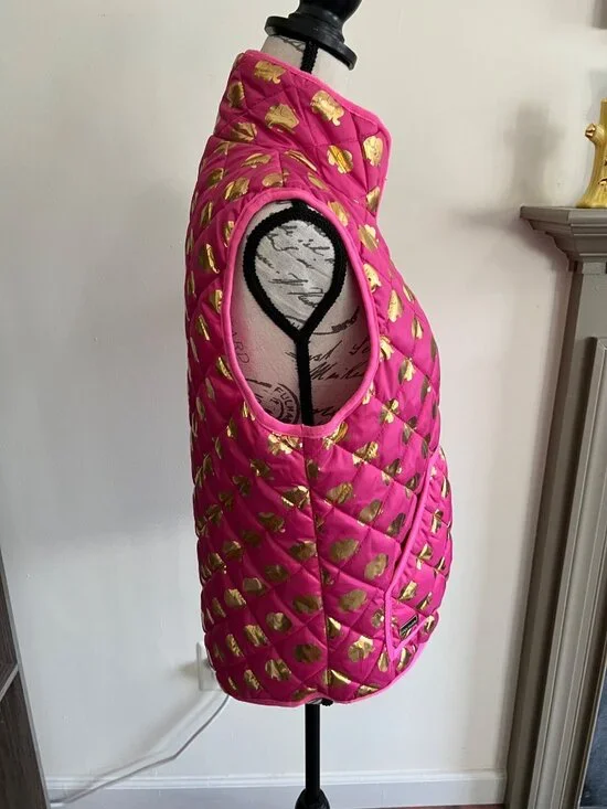 Simply Southern Puffer Vest Quilted Pink Gold Metallic Elephant Full Zip Medium - Picture 3 of 9